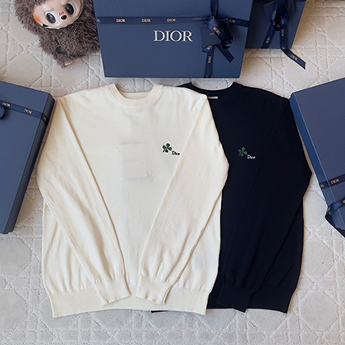 dior solid color four-leaf clover embroidered crew neck knit sweater
